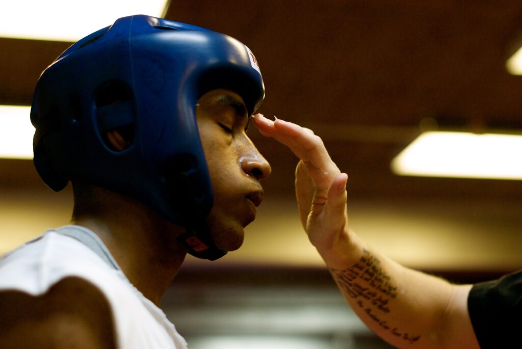 A boxer getting ready to fight. No anxiety and no insecurity