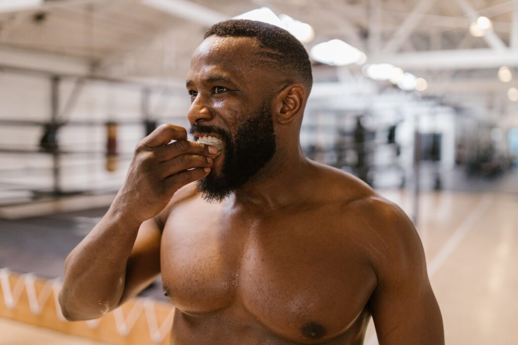 Boxer wearing a mouth guard