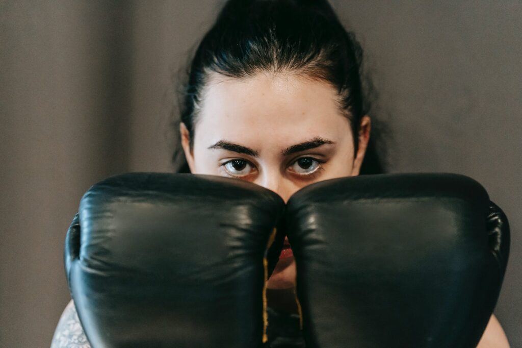 boxing woman with no anxiety or insecurity. Full of confidence